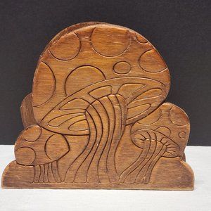 Vintage Wood Mushroom Napkin Holder Double Sided 70s Kitschy Toadstools